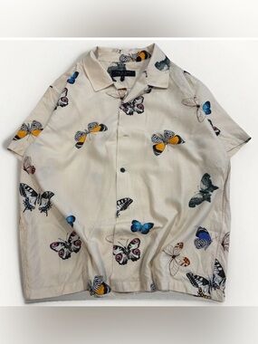 Rag & Bone Avery Camp Collar Butterfly Print Shirt Men's Large Viscose Button Up